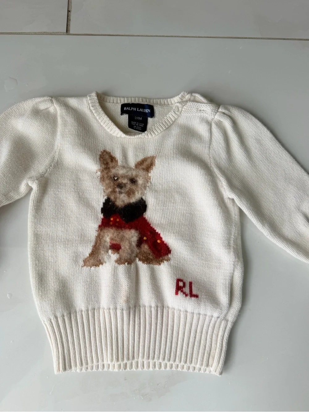 Ralph Lauren Cream Knit Sweater with Dog Motif and Red Accent